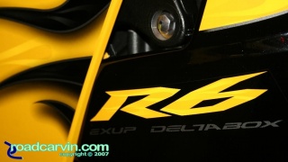 2008 Yamaha YZF-R6 Yellow - Flame Detail: Detailed photo of the 2008 Yamaha R6 with Cadmium Yellow and Flames paint. The black and yellow ghost flames look very nice.